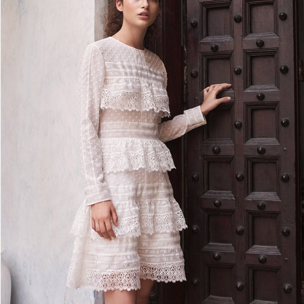 maje lace and swiss dot long sleeve dress